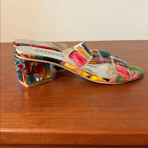 Fashion Nova Colorful Jeweled Block Heel Sandals | Clear Strap Statement Heels - Picture 8 of 9
